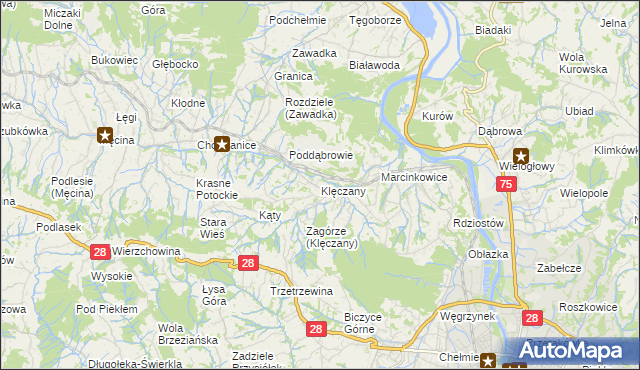 mapa Klęczany gmina Chełmiec, Klęczany gmina Chełmiec na mapie Targeo