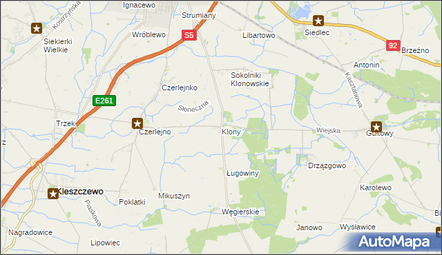 mapa Klony gmina Kostrzyn, Klony gmina Kostrzyn na mapie Targeo