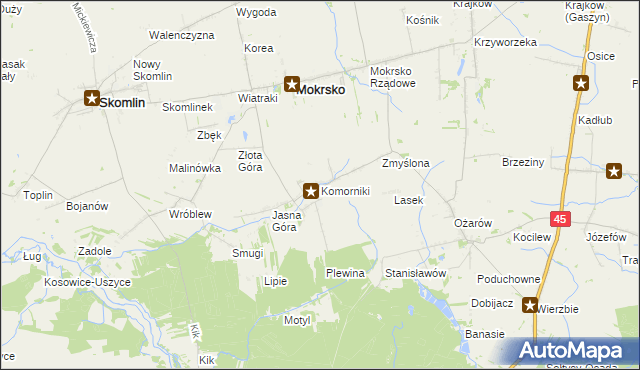 mapa Komorniki gmina Mokrsko, Komorniki gmina Mokrsko na mapie Targeo