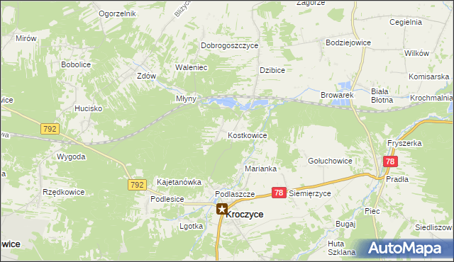 mapa Kostkowice gmina Kroczyce, Kostkowice gmina Kroczyce na mapie Targeo