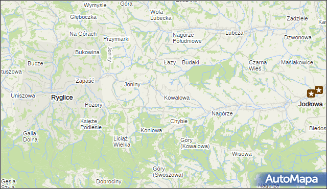 mapa Kowalowa gmina Ryglice, Kowalowa gmina Ryglice na mapie Targeo