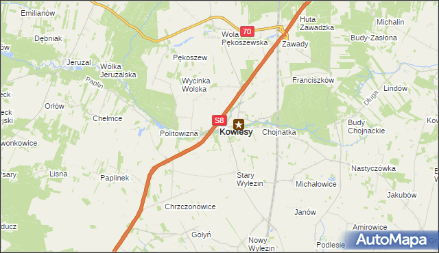 mapa Kowiesy powiat skierniewicki, Kowiesy powiat skierniewicki na mapie Targeo