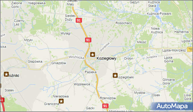 mapa Koziegłowy powiat myszkowski, Koziegłowy powiat myszkowski na mapie Targeo