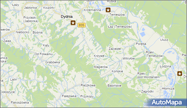 mapa Krzywe gmina Dydnia, Krzywe gmina Dydnia na mapie Targeo