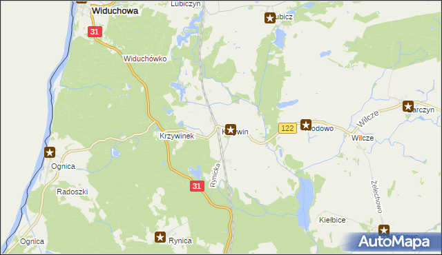 mapa Krzywin gmina Widuchowa, Krzywin gmina Widuchowa na mapie Targeo