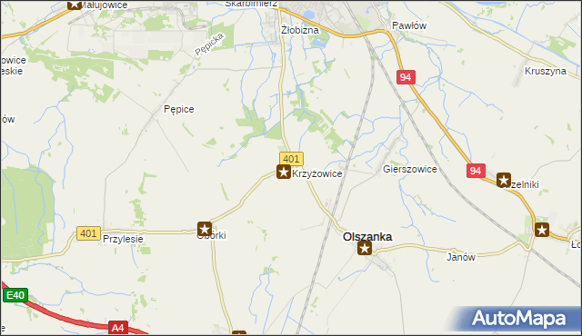 mapa Krzyżowice gmina Olszanka, Krzyżowice gmina Olszanka na mapie Targeo