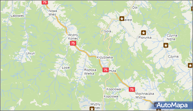 mapa Krzyżówka gmina Łabowa, Krzyżówka gmina Łabowa na mapie Targeo