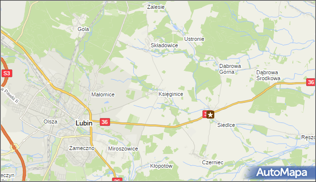 mapa Księginice gmina Lubin, Księginice gmina Lubin na mapie Targeo