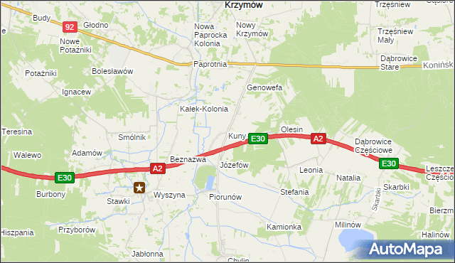 mapa Kuny gmina Władysławów, Kuny gmina Władysławów na mapie Targeo