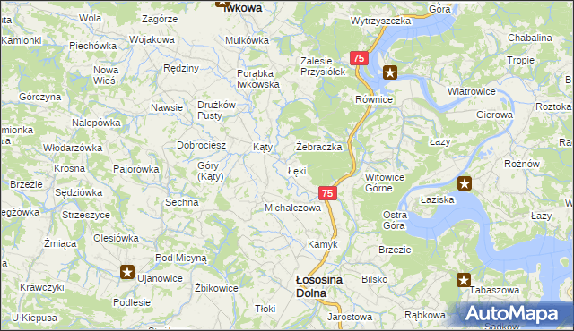 mapa Łęki gmina Łososina Dolna, Łęki gmina Łososina Dolna na mapie Targeo