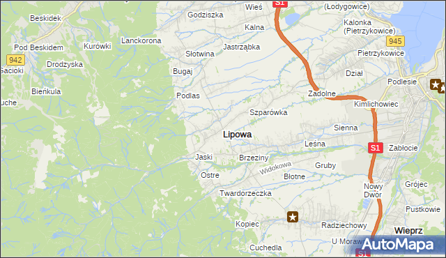 mapa Lipowa powiat żywiecki, Lipowa powiat żywiecki na mapie Targeo