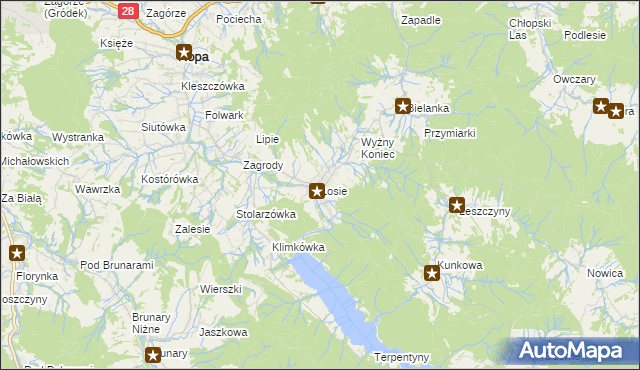 mapa Łosie gmina Ropa, Łosie gmina Ropa na mapie Targeo