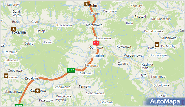 mapa Lubień powiat myślenicki, Lubień powiat myślenicki na mapie Targeo