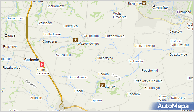 mapa Małoszyce gmina Sadowie, Małoszyce gmina Sadowie na mapie Targeo