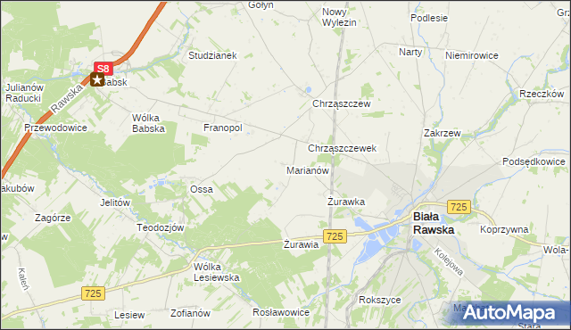 mapa Marianów gmina Biała Rawska, Marianów gmina Biała Rawska na mapie Targeo