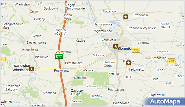 mapa Miłocice gmina Słomniki, Miłocice gmina Słomniki na mapie Targeo