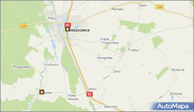 mapa Mirogniew gmina Mieszkowice, Mirogniew gmina Mieszkowice na mapie Targeo