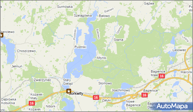 mapa Młynik gmina Sorkwity, Młynik gmina Sorkwity na mapie Targeo