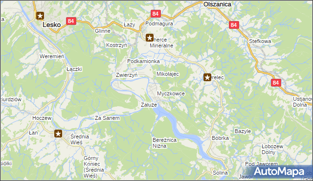 mapa Myczkowce, Myczkowce na mapie Targeo