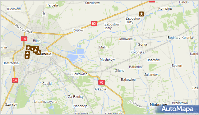 mapa Mysłaków gmina Nieborów, Mysłaków gmina Nieborów na mapie Targeo