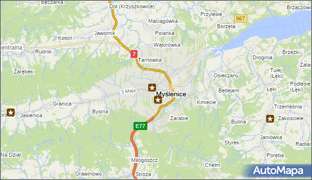 mapa Myślenice, Myślenice na mapie Targeo