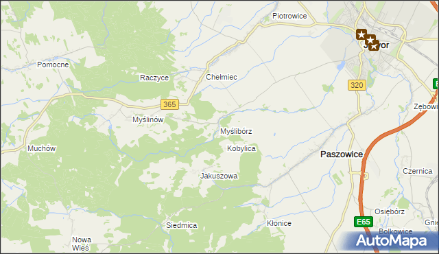 mapa Myślibórz gmina Paszowice, Myślibórz gmina Paszowice na mapie Targeo