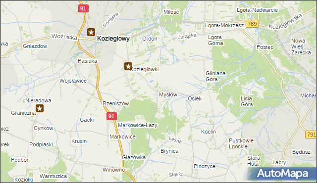 mapa Mysłów gmina Koziegłowy, Mysłów gmina Koziegłowy na mapie Targeo