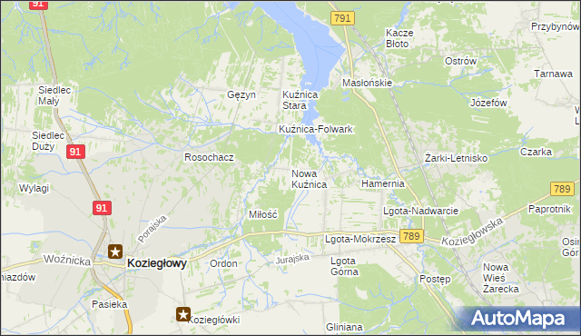 mapa Nowa Kuźnica gmina Koziegłowy, Nowa Kuźnica gmina Koziegłowy na mapie Targeo