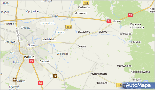 mapa Olewin gmina Wieluń, Olewin gmina Wieluń na mapie Targeo