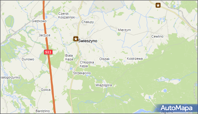 mapa Olszak gmina Świeszyno, Olszak gmina Świeszyno na mapie Targeo