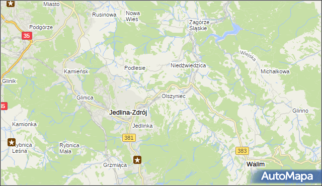 mapa Olszyniec gmina Walim, Olszyniec gmina Walim na mapie Targeo