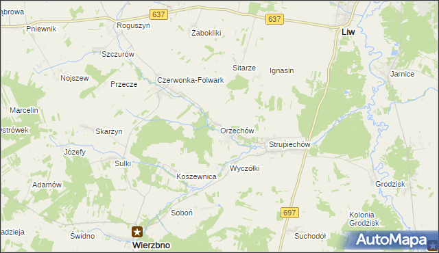 mapa Orzechów gmina Wierzbno, Orzechów gmina Wierzbno na mapie Targeo