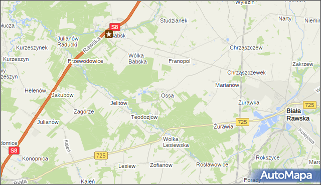 mapa Ossa gmina Biała Rawska, Ossa gmina Biała Rawska na mapie Targeo