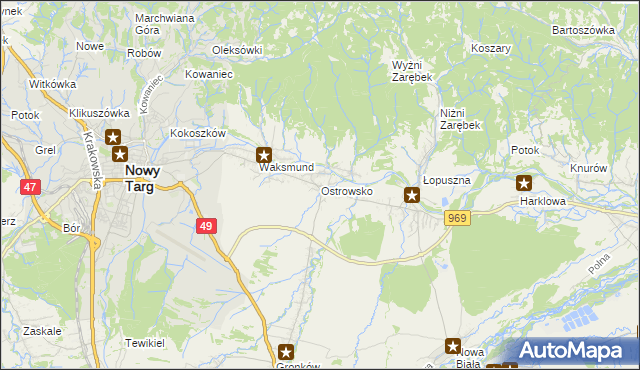 mapa Ostrowsko gmina Nowy Targ, Ostrowsko gmina Nowy Targ na mapie Targeo