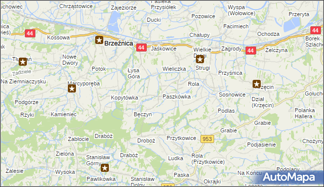 mapa Paszkówka gmina Brzeźnica, Paszkówka gmina Brzeźnica na mapie Targeo