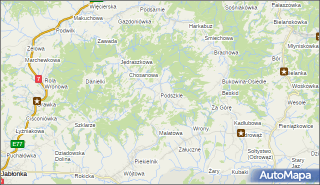 mapa Podszkle gmina Czarny Dunajec, Podszkle gmina Czarny Dunajec na mapie Targeo