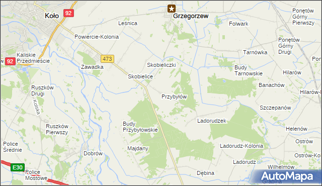 mapa Przybyłów gmina Koło, Przybyłów gmina Koło na mapie Targeo