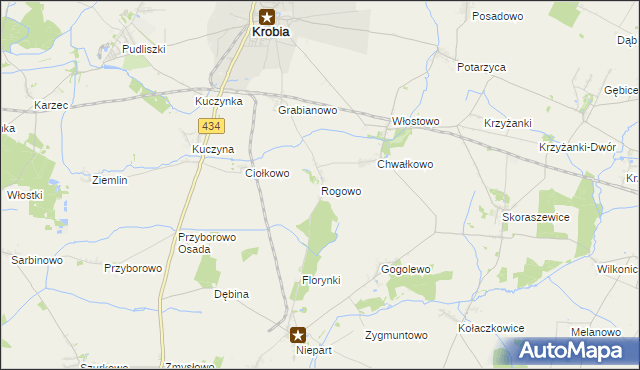 mapa Rogowo gmina Krobia, Rogowo gmina Krobia na mapie Targeo