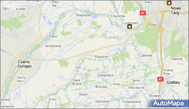 mapa Rogoźnik gmina Nowy Targ, Rogoźnik gmina Nowy Targ na mapie Targeo
