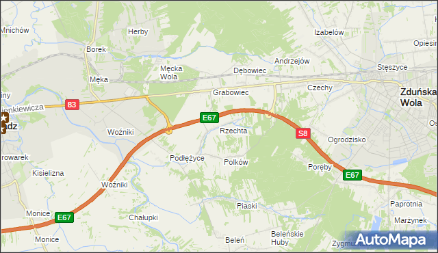 mapa Rzechta gmina Sieradz, Rzechta gmina Sieradz na mapie Targeo