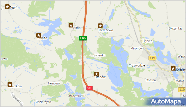 mapa Sicienko gmina Myślibórz, Sicienko gmina Myślibórz na mapie Targeo