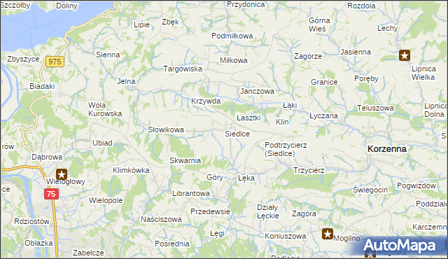 mapa Siedlce gmina Korzenna, Siedlce gmina Korzenna na mapie Targeo