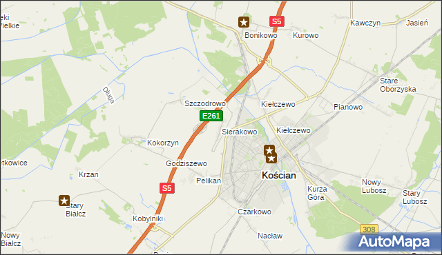 mapa Sierakowo gmina Kościan, Sierakowo gmina Kościan na mapie Targeo