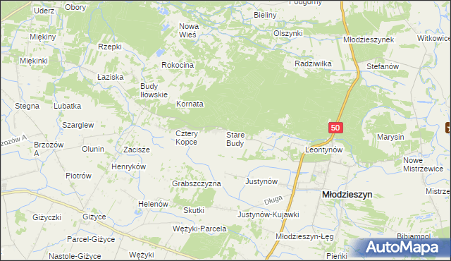 mapa Stare Budy gmina Młodzieszyn, Stare Budy gmina Młodzieszyn na mapie Targeo