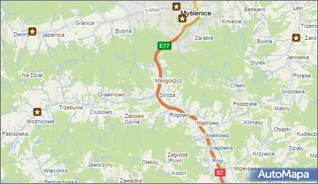 mapa Stróża gmina Pcim, Stróża gmina Pcim na mapie Targeo