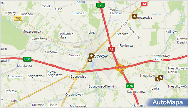 mapa Stryków powiat zgierski, Stryków powiat zgierski na mapie Targeo