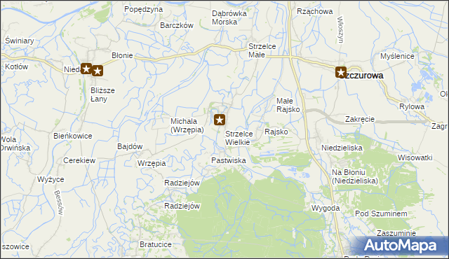 mapa Strzelce Wielkie gmina Szczurowa, Strzelce Wielkie gmina Szczurowa na mapie Targeo