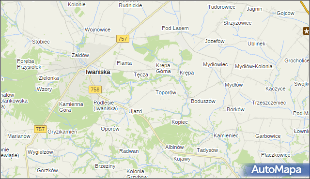 mapa Toporów gmina Iwaniska, Toporów gmina Iwaniska na mapie Targeo