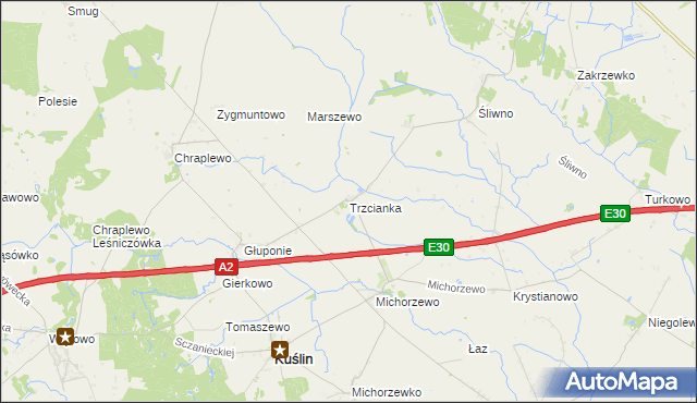 mapa Trzcianka gmina Kuślin, Trzcianka gmina Kuślin na mapie Targeo