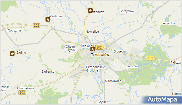 mapa Trzebiatów powiat gryficki, Trzebiatów powiat gryficki na mapie Targeo